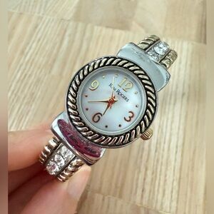 Kim rogers ladies two toned crystal accented bracelet cuff watch NEW BATTERY